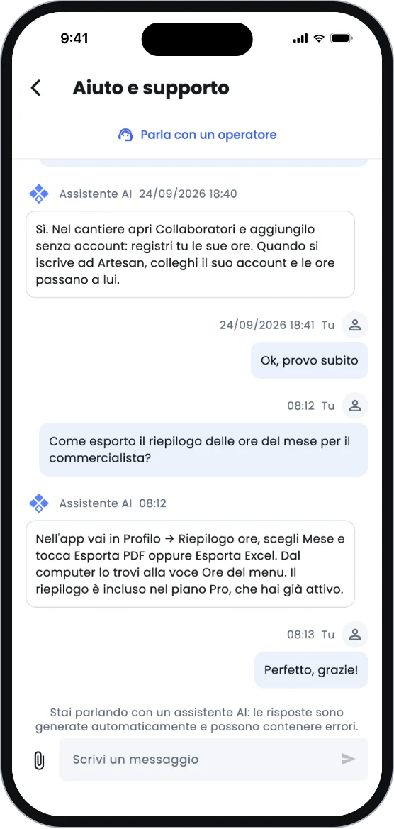 App Artesan: chat di Aiuto e supporto con le risposte dell'assistente AI