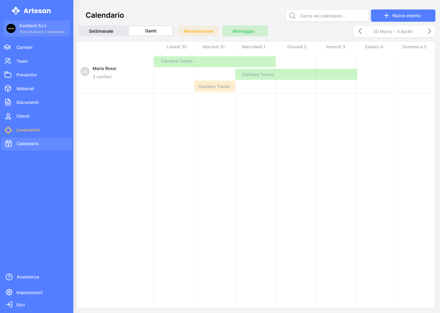 Artesan web app — calendario cantieri
