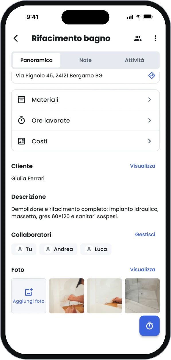 App Artesan: panoramica del cantiere con cliente, descrizione, collaboratori e foto