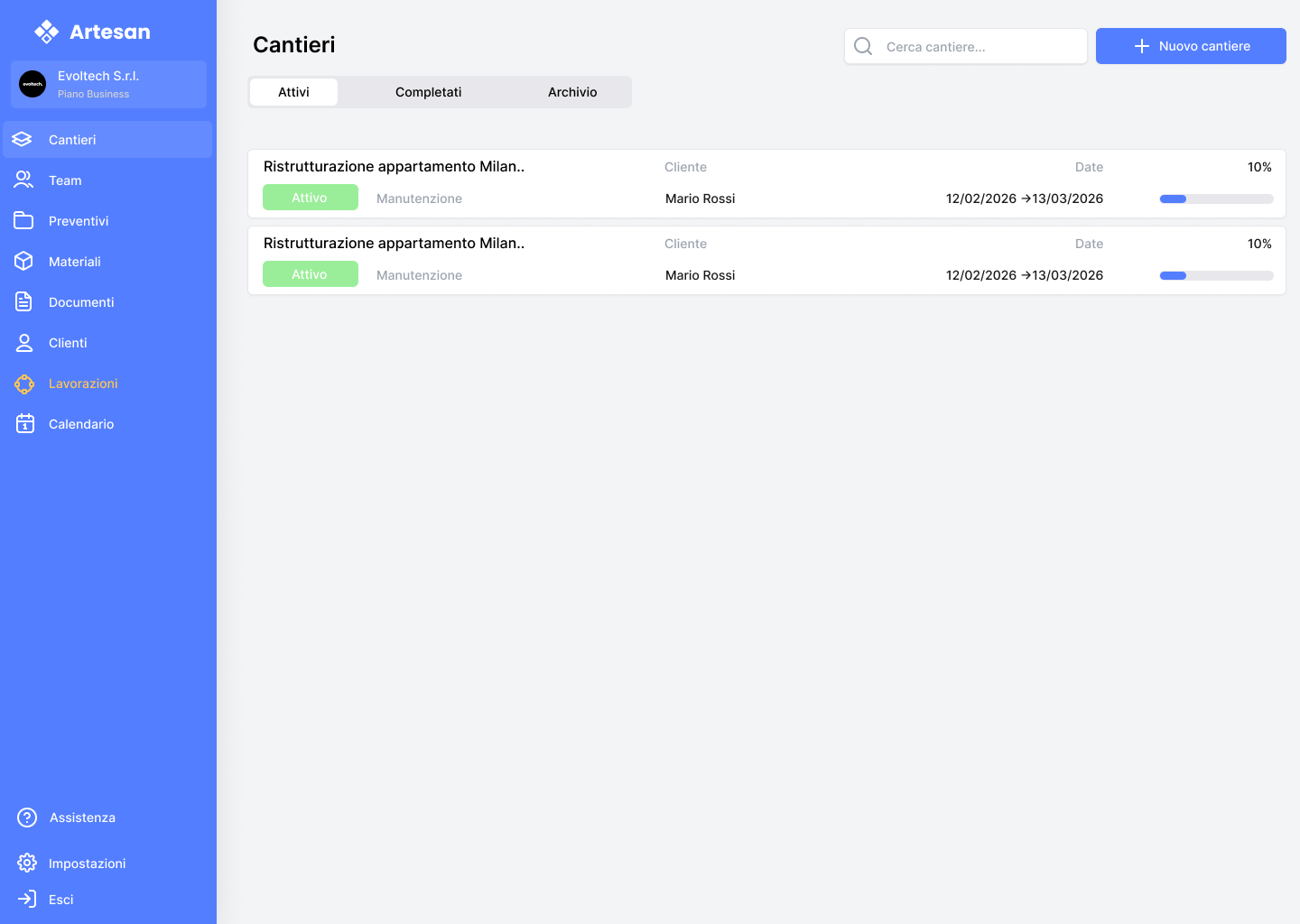 Artesan — elenco cantieri attivi nella web app
