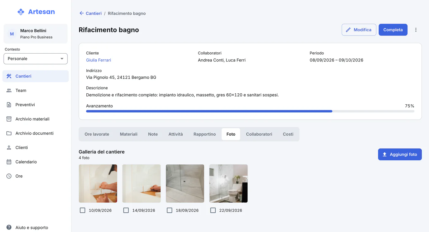 Artesan sul computer: il cantiere con cliente, collaboratori, avanzamento e foto del lavoro