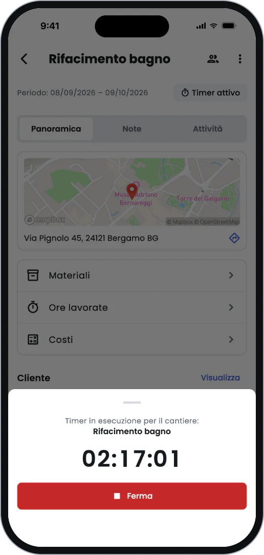 App Artesan: il timer in esecuzione sul cantiere, con il pulsante Ferma