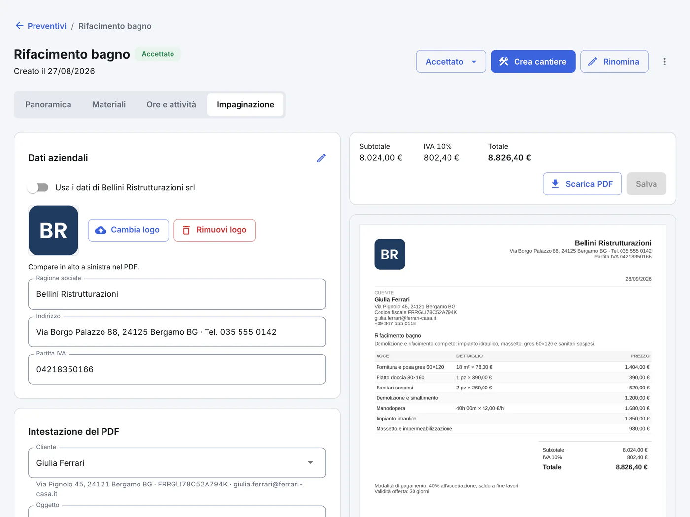 Artesan sul web: impaginazione del preventivo con i dati della ditta, il cliente e l'anteprima del PDF con logo e totale con IVA